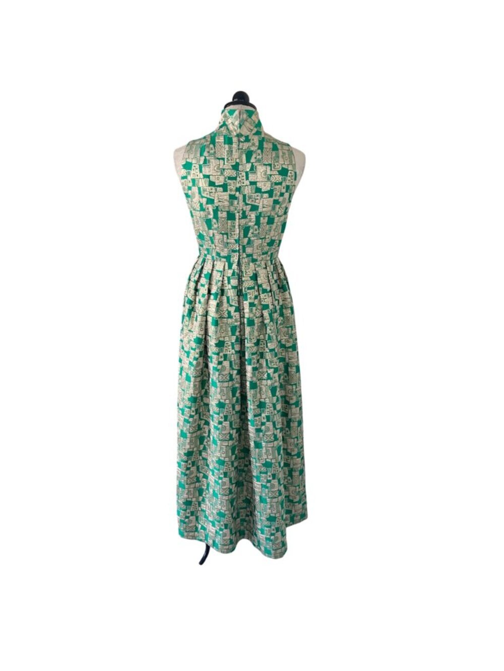 Vintage Womens Pleated Maxi Dress Size Small Green Gold Geometric Print Casual - Picture 3 of 16